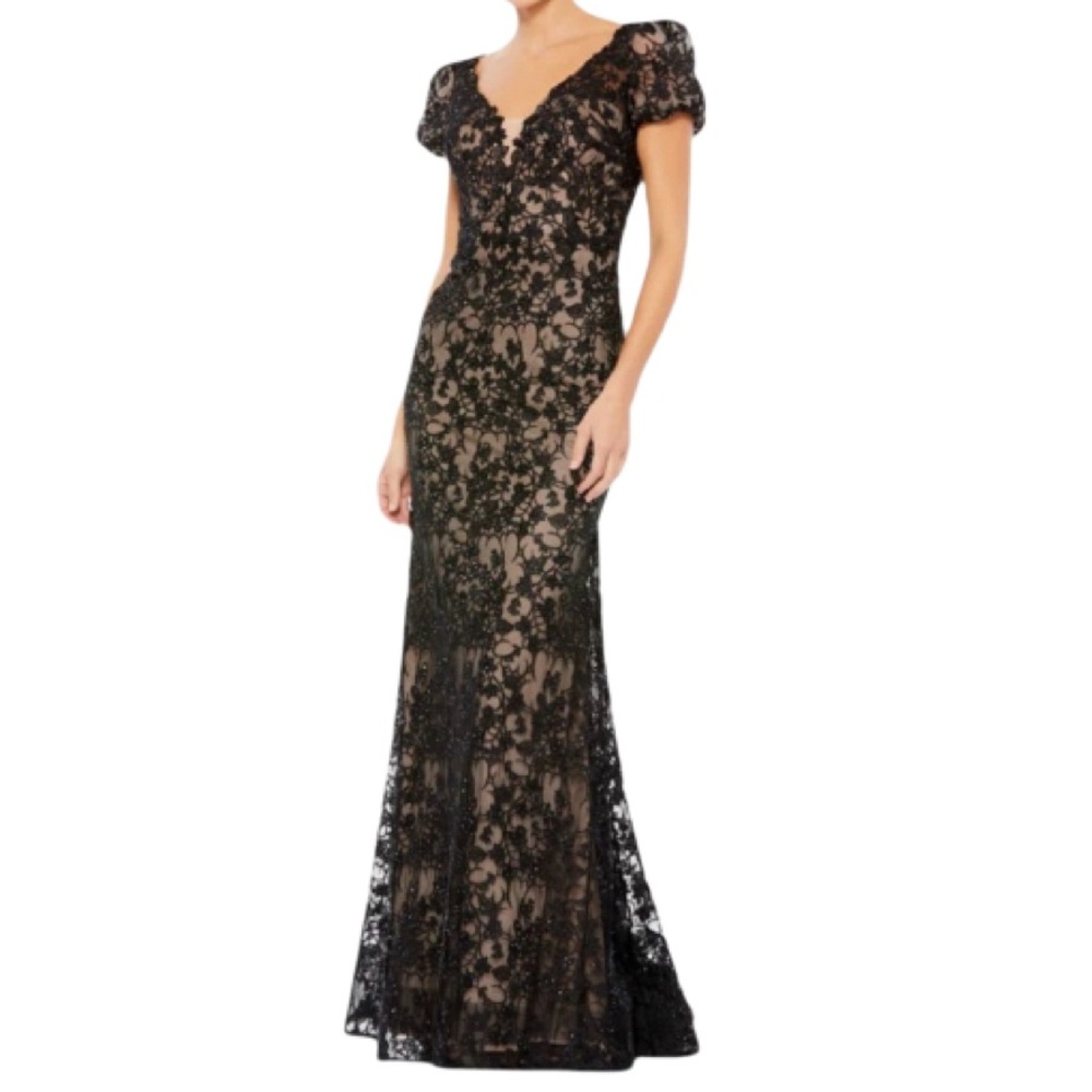 NWT Mac Duggal 50644 Lace Plunge Neck Short Puff Sleeve Trumpet Black Gown- Sz 4